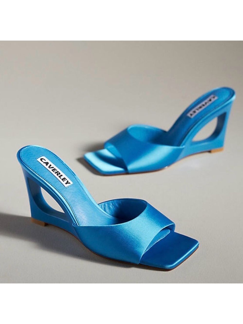 CAVERLEY Ozi Sculpted Wedge Heels - Blue Leather& Satin heeled mules Sz39 NEW - Picture 3 of 10